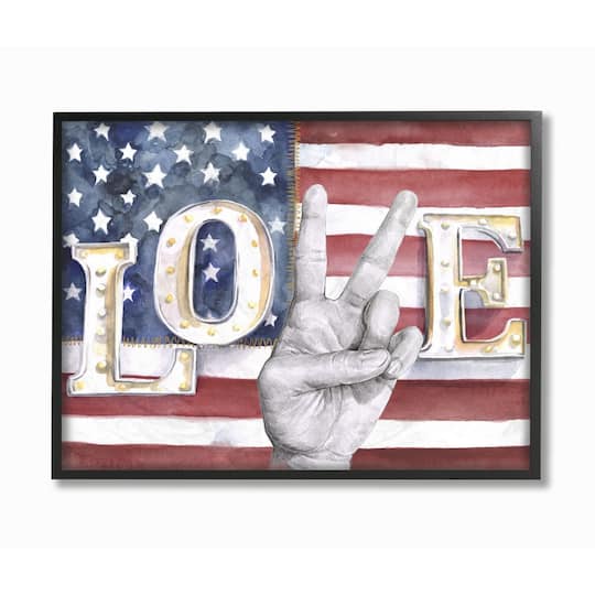 Stupell Industries Love Peace Sign Hand American Flag Design in Frame Wall Art